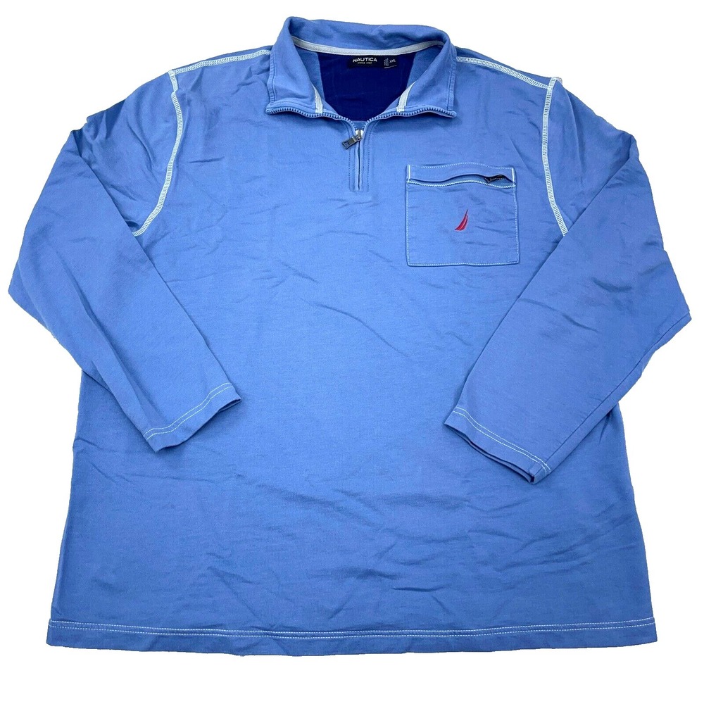Nautica Sweater Men XXL 2XL‎ Blue Pullover Quarter Zip Flat Pocket Lightweight *